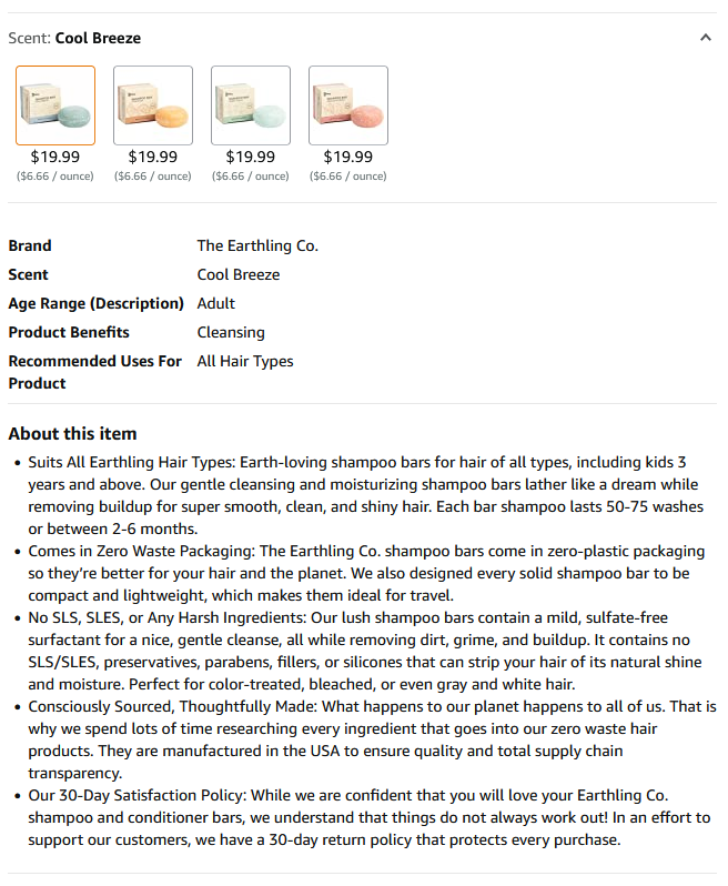earthling company shampoo bar amazon listing copy