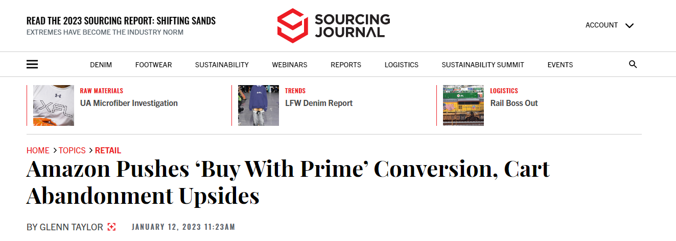 "Buy with Prime" benefits featured on Sourcing Journal.